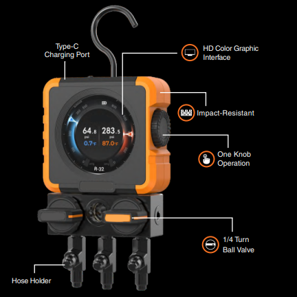 Manifold Gauge with HD Color Graphic Interface – Compact Digital HVAC Tool