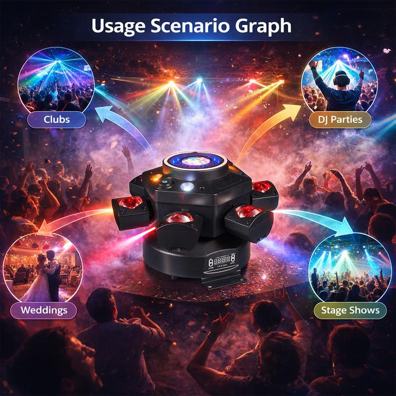 MDT Super 6-IN-1 Moving Head DJ Lights with RGBW 6-Arm Beams, Bee-Eyes Effect, 4 LED Strobes, DMX-512 & Sound Activated, Stage Lights for Party Disco KTV Wedding Club