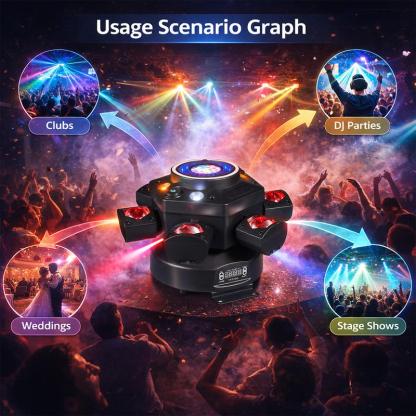 MDT Super 6-IN-1 Moving Head DJ Lights with RGBW 6-Arm Beams, Bee-Eyes Effect, 4 LED Strobes, DMX-512 & Sound Activated, Stage Lights for Party Disco KTV Wedding Club