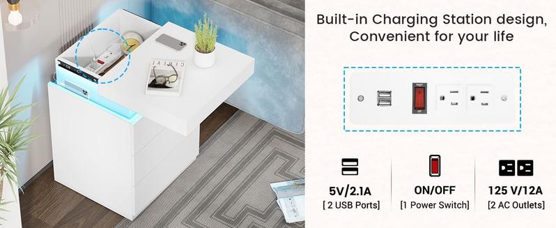 Sikaic Nightstand With Sliding Top Charging Station And LED Lights Furniture Bedroom Modern Design Bedside Table Drawer Home