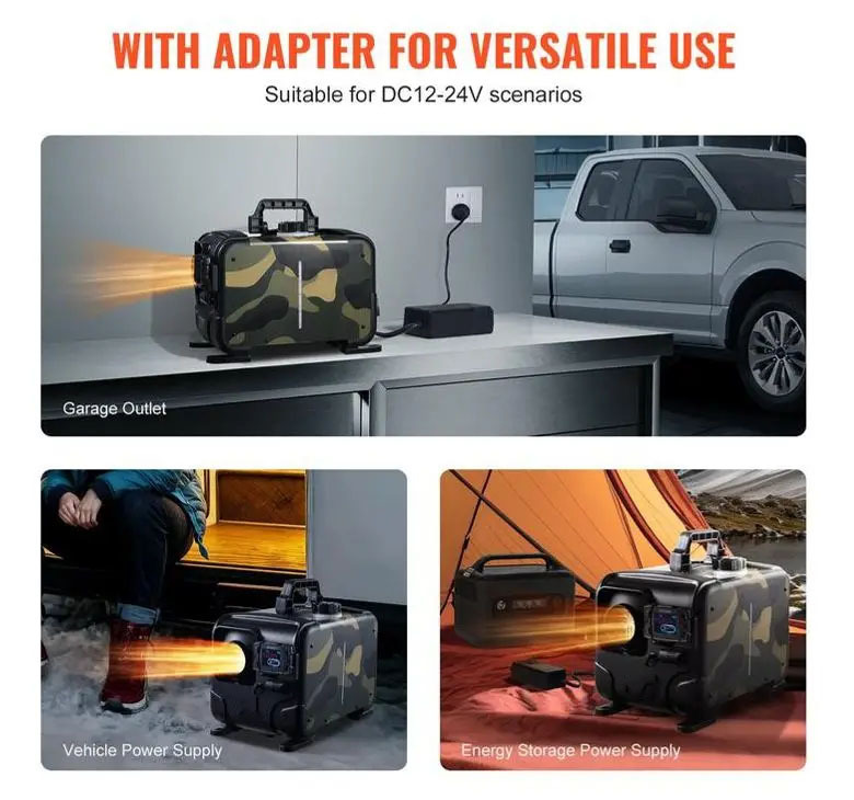 VEVOR 8KW Diesel Air Heater, Upgraded 110V Adapter & CO Alarm, 12-24V All in One Diesel Air Heater, with Bluetooth APP/Remote Control and Display Screen, Fast Heating Portable Diesel Heater for Vehicles and Outdoors