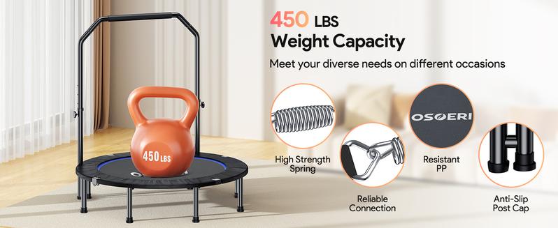 Osoeri 48" Rebounder Trampoline Foldable for Adults Max Load 450lbs, Mini Trampoline with Adjustable Foam Handle for Adults, Fitness Trampoline Indoor/Garden Workout