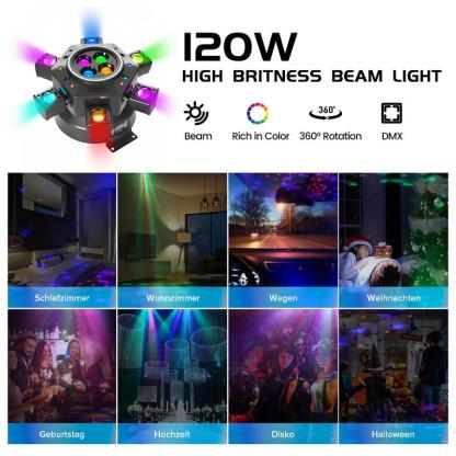 MDT Super 6-IN-1 Moving Head DJ Lights with RGBW 6-Arm Beams, Bee-Eyes Effect, 4 LED Strobes, DMX-512 & Sound Activated, Stage Lights for Party Disco KTV Wedding Club