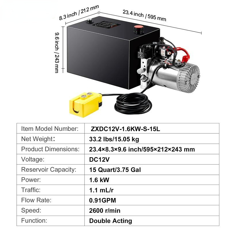 Hydraulic Pump, 6 Quart Hydraulic Power Unit, Double Acting Dump Trailer Pump, 0.91 GPM Flow Rate, 3200 PSI Max Relief Pressure, DC 12V Hydraulic Pump for Dump Trailer Car Lifting