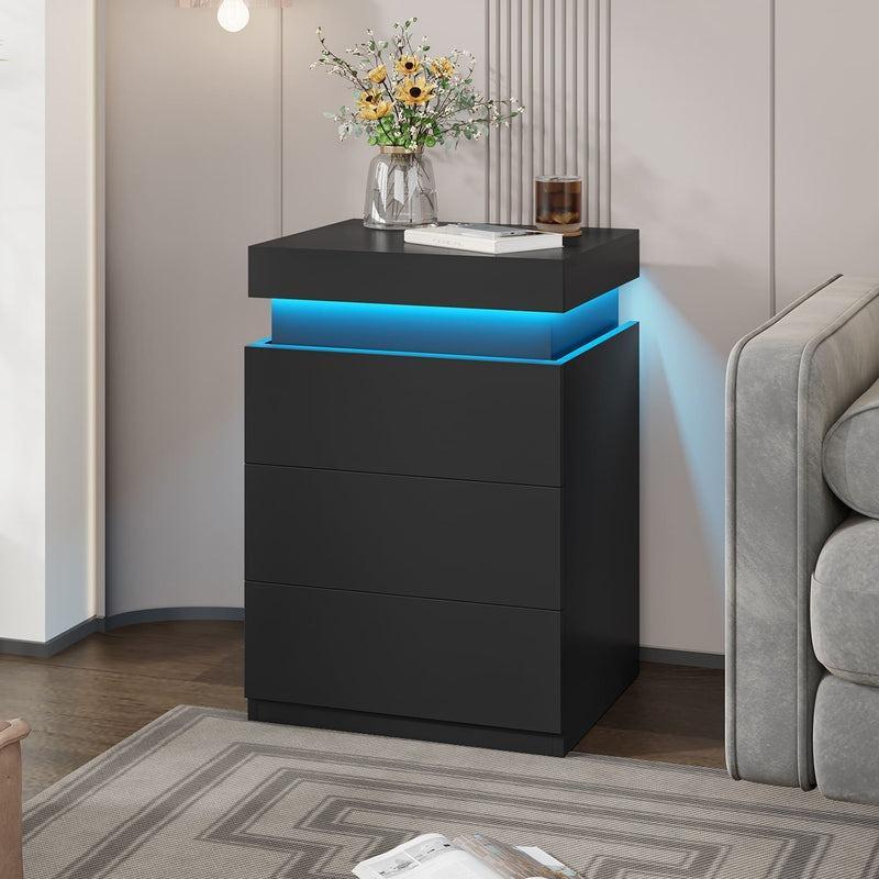 Sikaic Nightstand With Sliding Top Charging Station And LED Lights Furniture Bedroom Modern Design Bedside Table Drawer Home