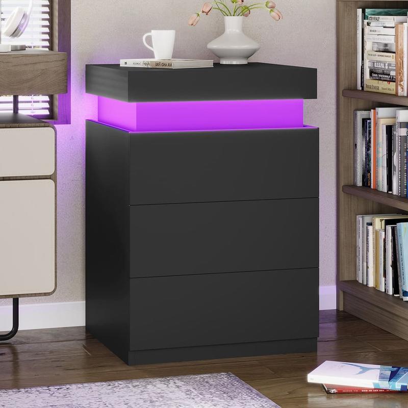 Sikaic Nightstand With Sliding Top Charging Station And LED Lights Furniture Bedroom Modern Design Bedside Table Drawer Home