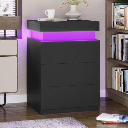 Sikaic Nightstand With Sliding Top Charging Station And LED Lights Furniture Bedroom Modern Design Bedside Table Drawer Home