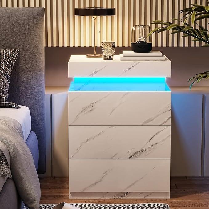 Sikaic Nightstand With Sliding Top Charging Station And LED Lights Furniture Bedroom Modern Design Bedside Table Drawer Home