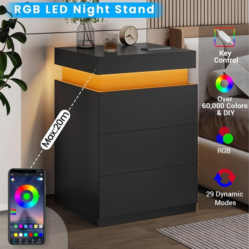 Sikaic Nightstand With Sliding Top Charging Station And LED Lights Furniture Bedroom Modern Design Bedside Table Drawer Home