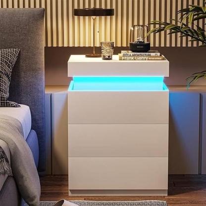 Sikaic Nightstand With Sliding Top Charging Station And LED Lights Furniture Bedroom Modern Design Bedside Table Drawer Home