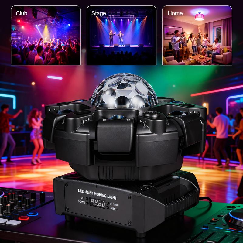 MDT Super 6-IN-1 Moving Head DJ Lights with RGBW 6-Arm Beams, Bee-Eyes Effect, 4 LED Strobes, DMX-512 & Sound Activated, Stage Lights for Party Disco KTV Wedding Club