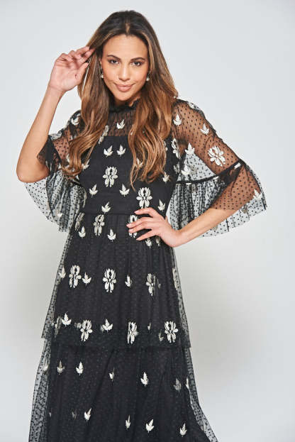 Black Leaf Embroidered Tiered Maxi Dress