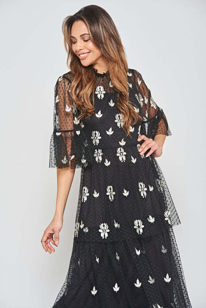 Black Leaf Embroidered Tiered Maxi Dress