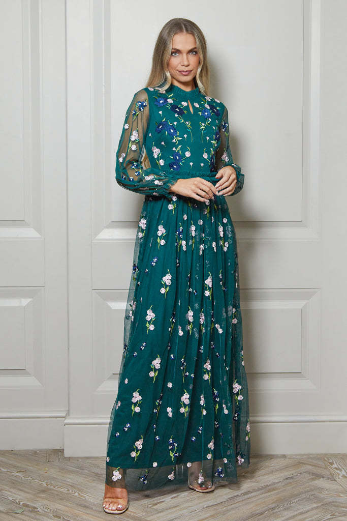 Alpine Green Floral Embroidered Maxi Dress