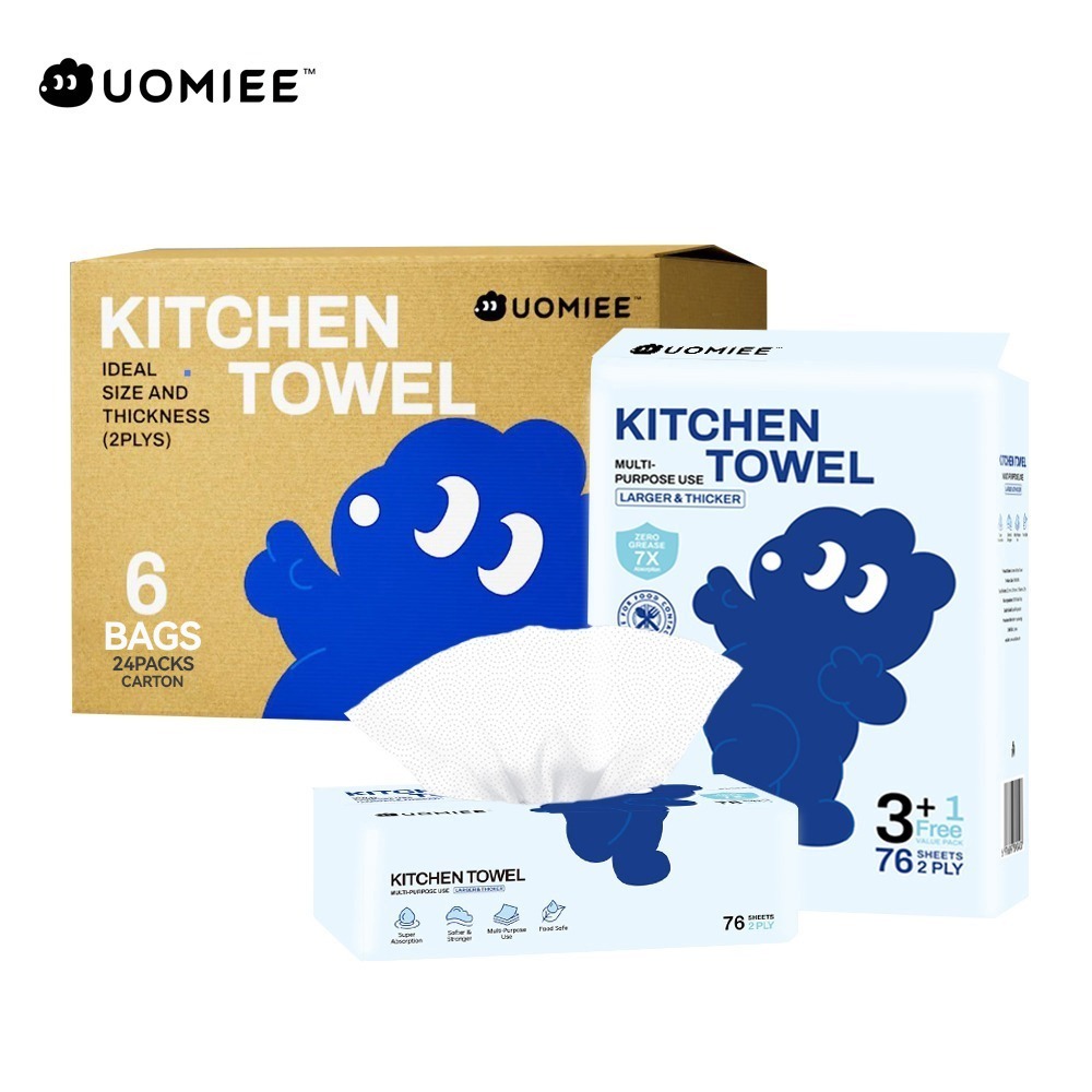 Uomiee New Multi-Purpose Kitchen Towels (76 Sheets) Double-Ply Water and Oil Absorbent Family Size Portable