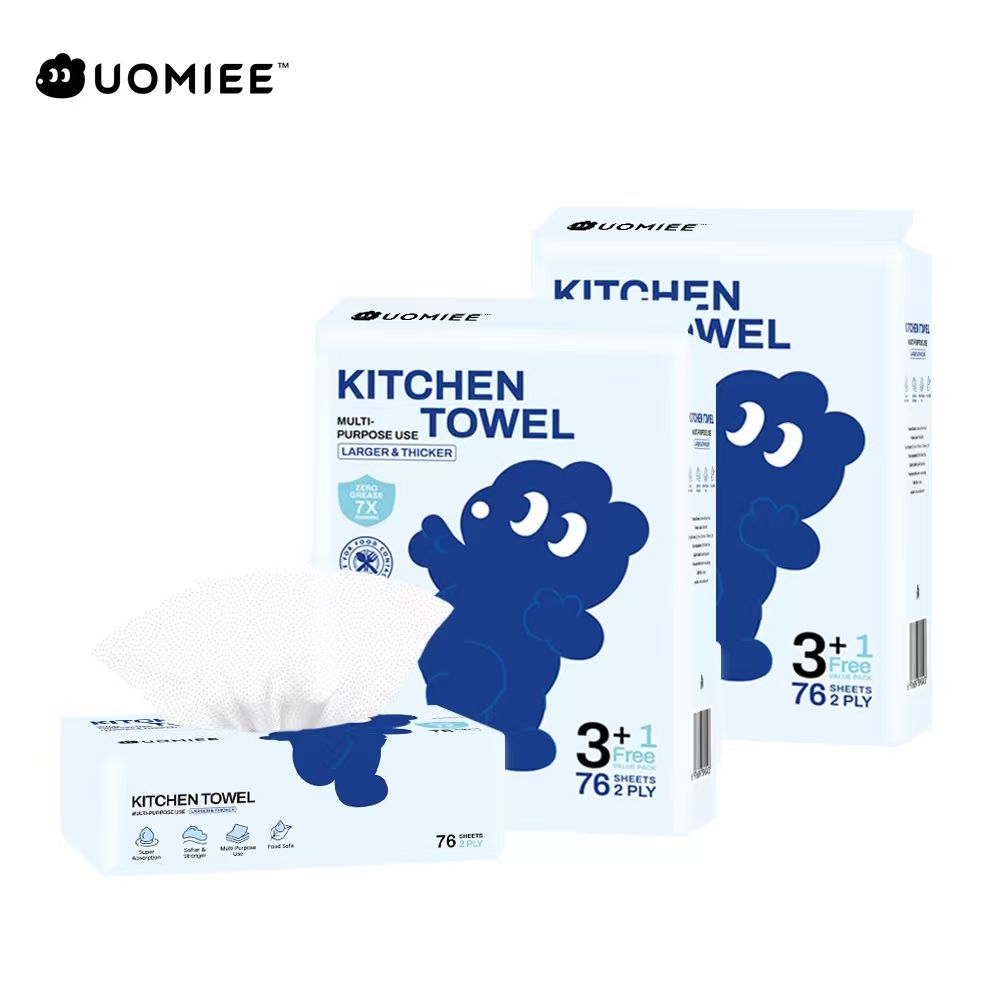 Uomiee New Multi-Purpose Kitchen Towels (76 Sheets) Double-Ply Water and Oil Absorbent Family Size Portable