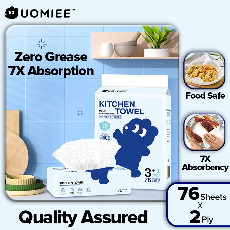Uomiee New Multi-Purpose Kitchen Towels (76 Sheets) Double-Ply Water and Oil Absorbent Family Size Portable