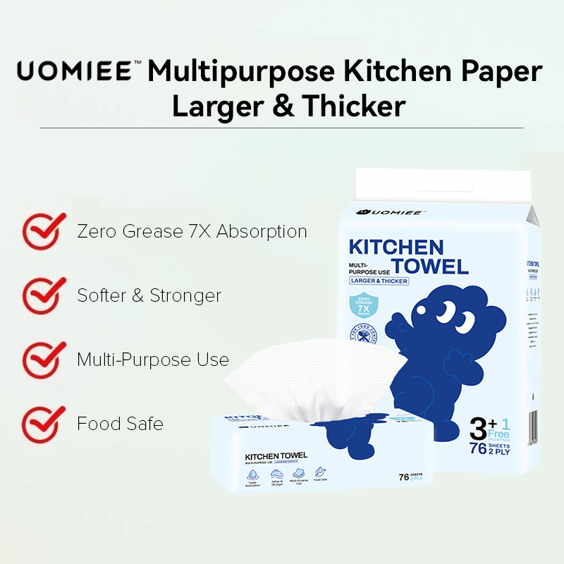 Uomiee New Multi-Purpose Kitchen Towels (76 Sheets) Double-Ply Water and Oil Absorbent Family Size Portable
