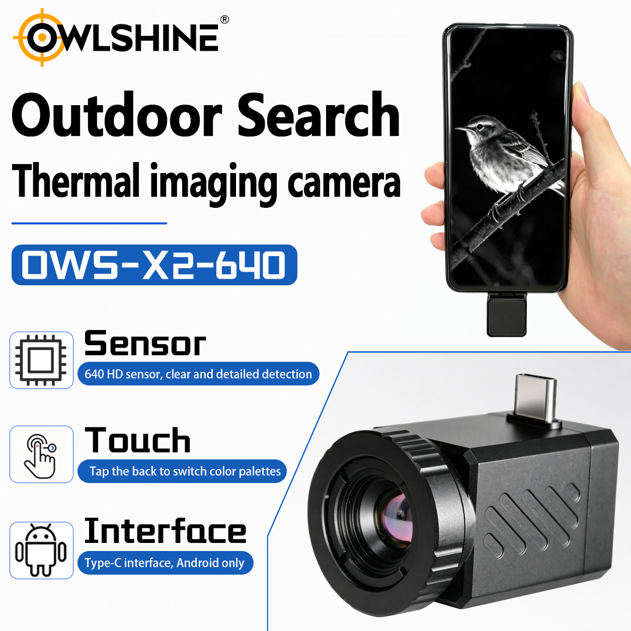 OWLSHINE X2-640 Smartphone Thermal Imager – 640×512, 50Hz, 9.1mm Lens, Type-C Thermal Camera for Android