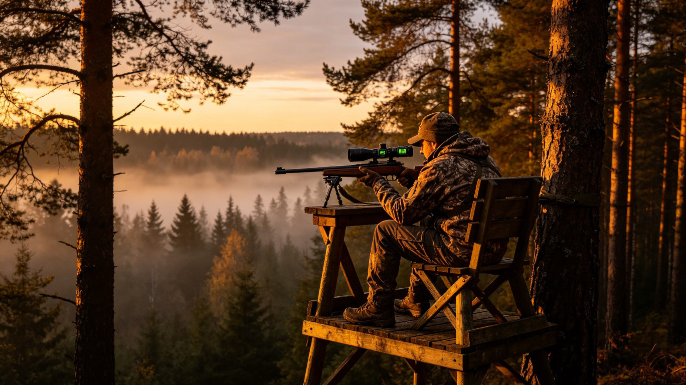 Hunter using thermal imaging scope on high seat during night hunt in European forest