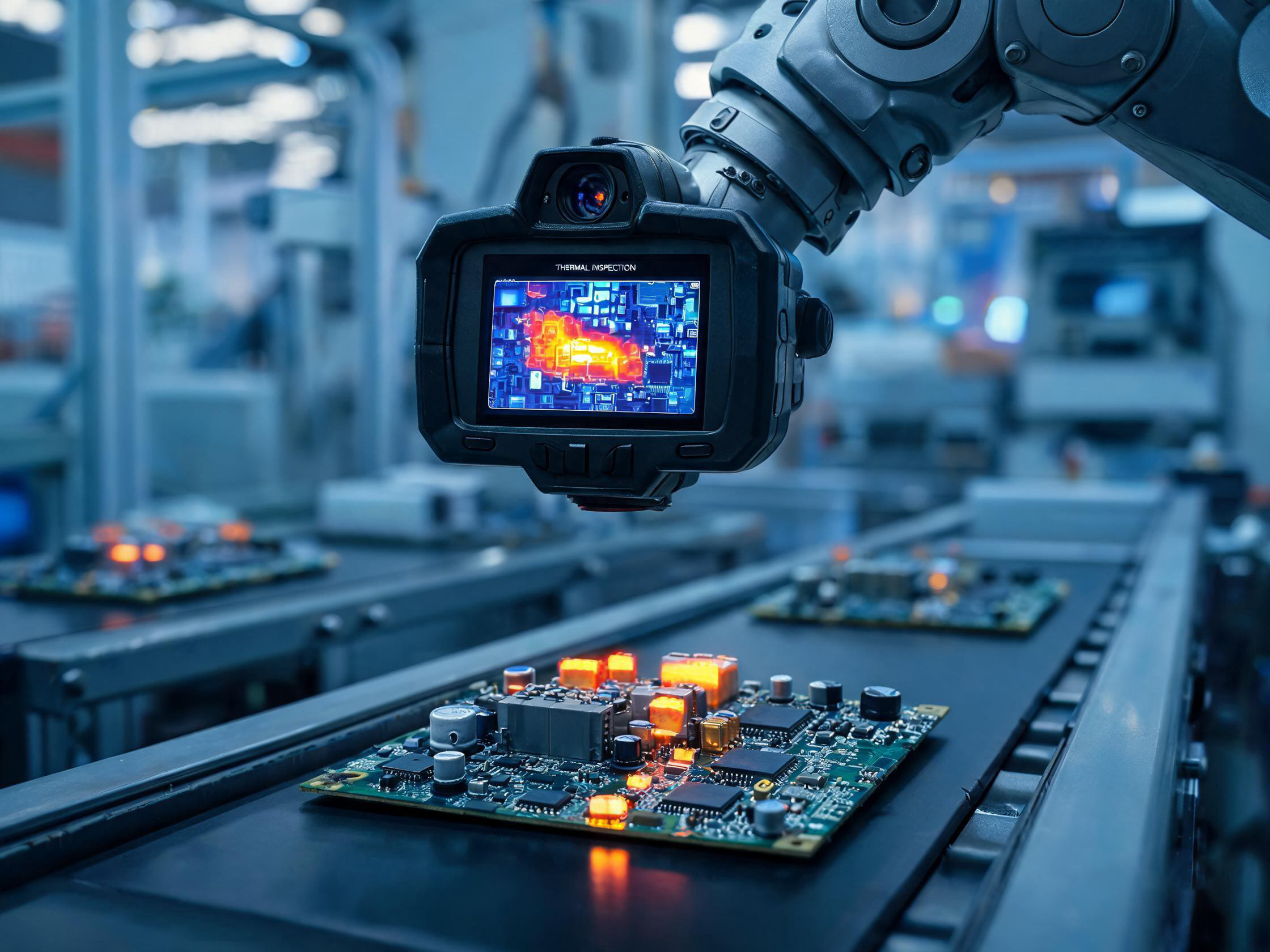 Infrared thermal camera mounted on robotic arm inspecting circuit boards