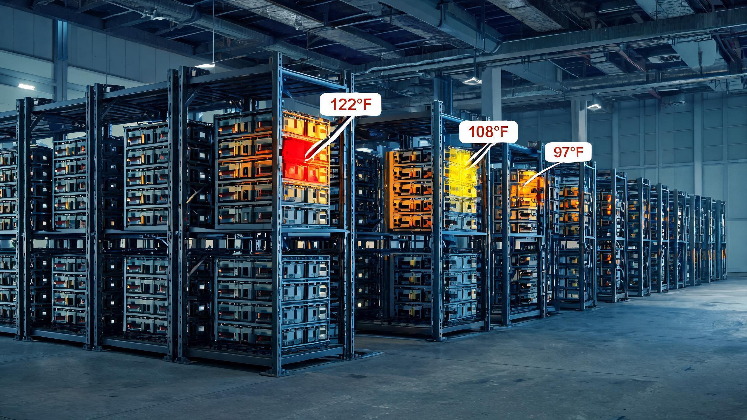 Panoramic thermal monitoring of battery storage racks showing heat distribution