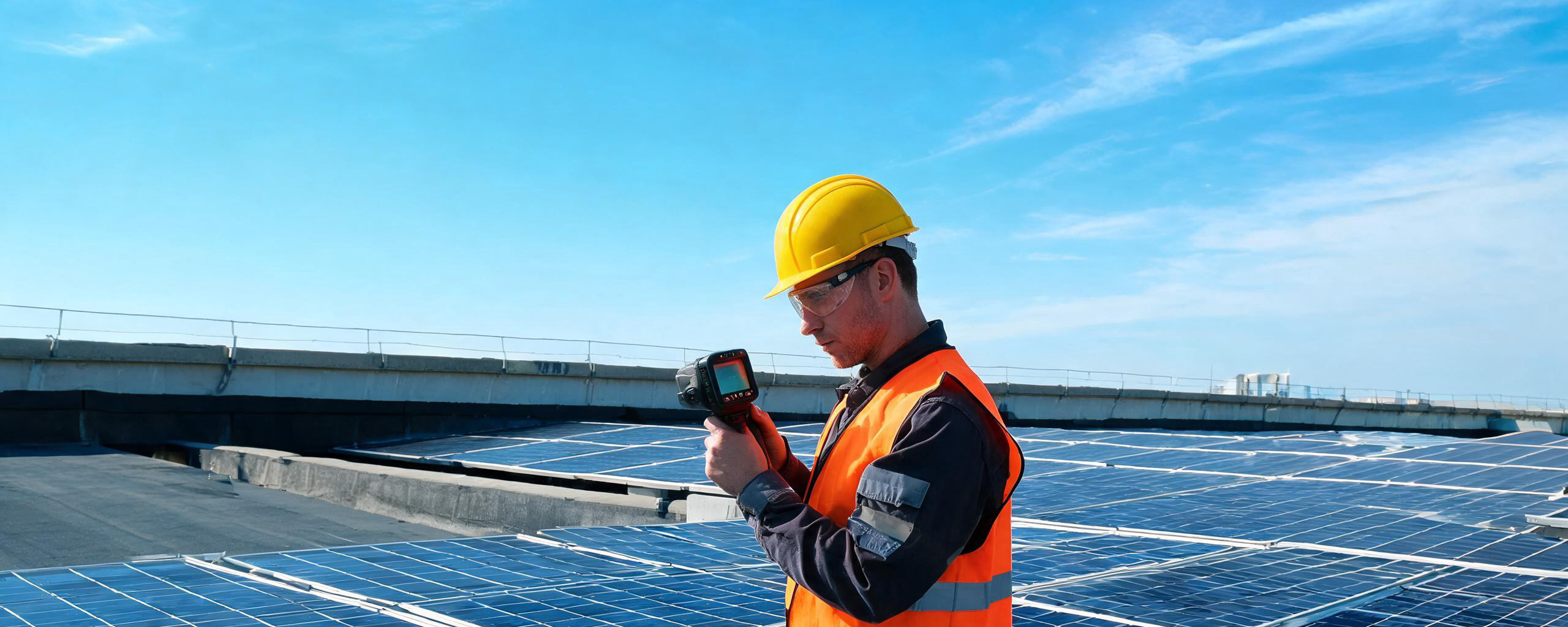 Drone equipped with thermal imaging camera conducting aerial inspection of large solar farm for hot spot detection