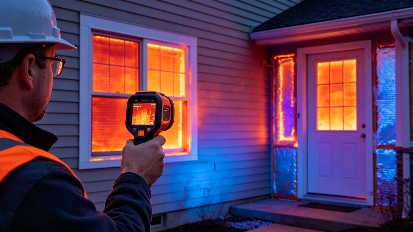 Thermal imaging camera revealing heat leaks and water damage in building inspection