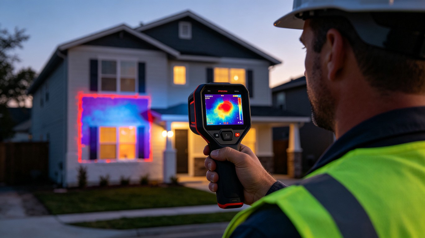 Thermal camera detecting heat loss and insulation gaps during building inspection