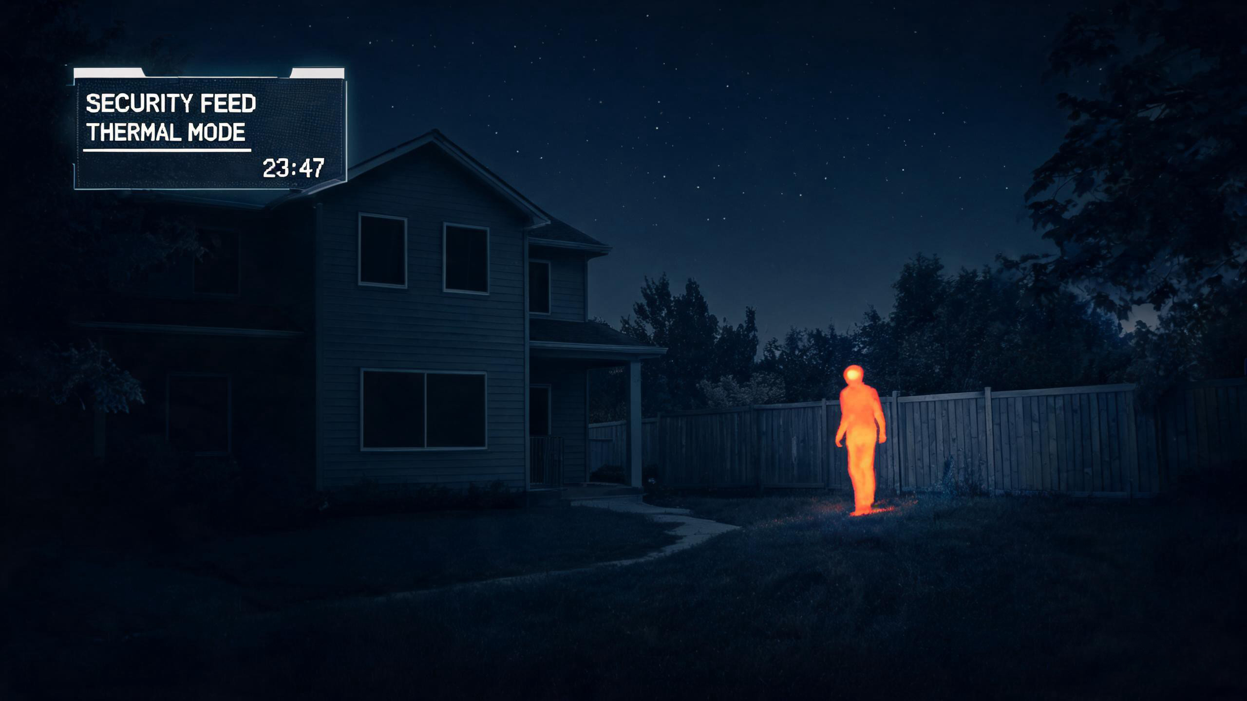 Thermal imaging camera detecting intruder on residential property at night