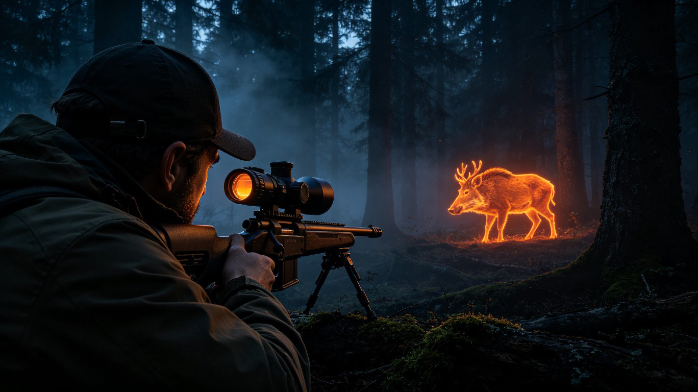 Hunter using thermal scope for night hunting in outdoor field
