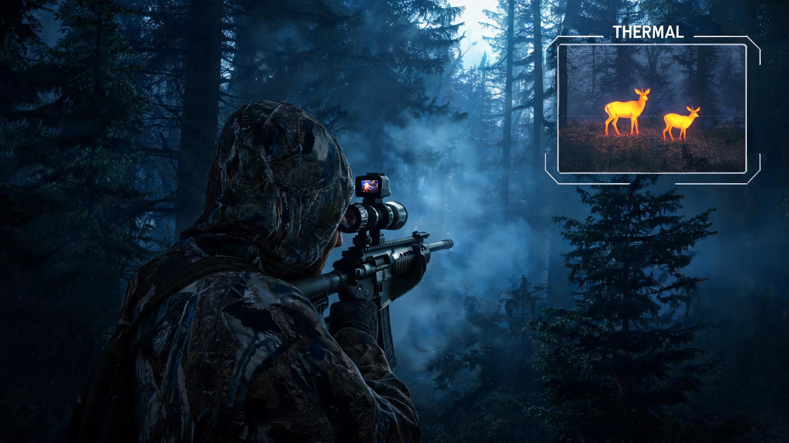 Hunter using thermal imaging camera for wildlife observation in dark forest at night