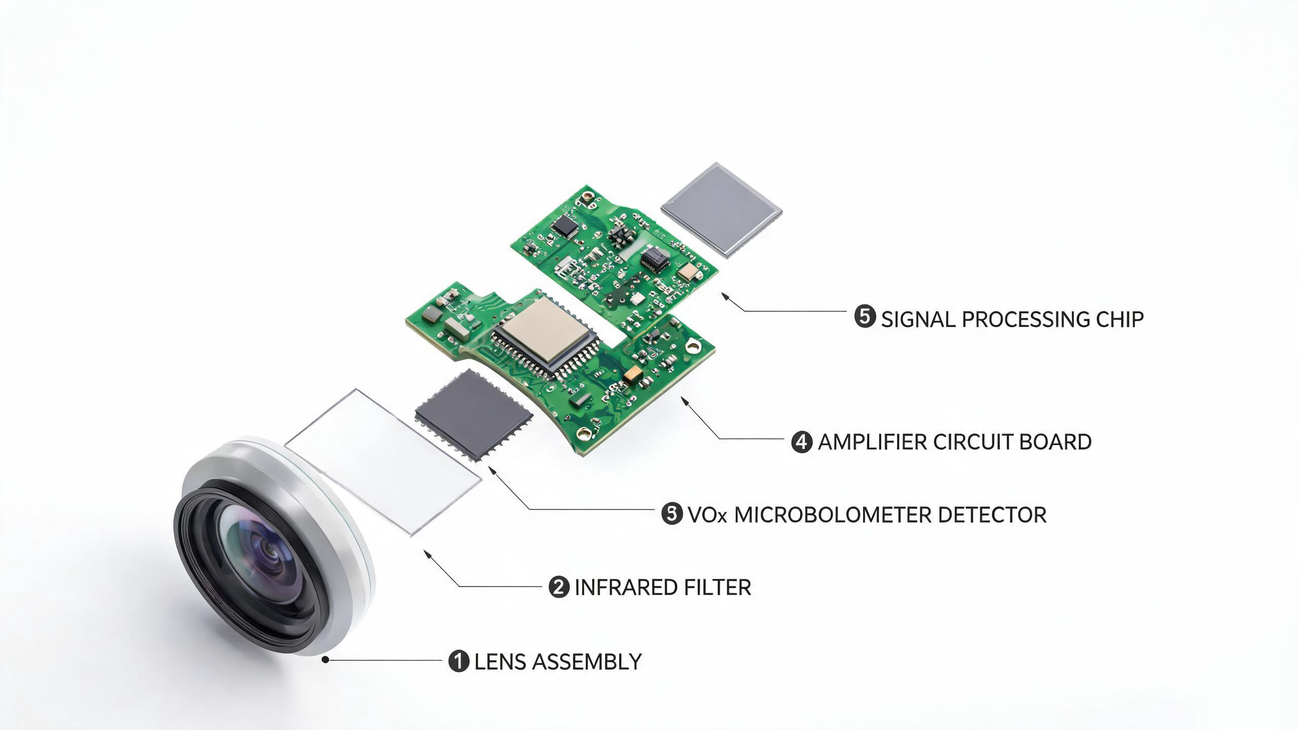 Internal components of a thermal imaging camera from lens to display