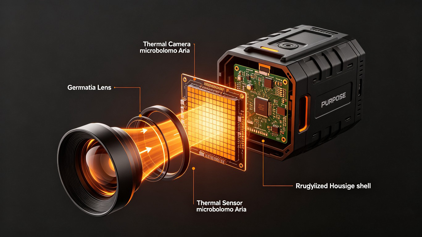 Diagram showing internal components of a thermal camera including lens sensor processor and housing