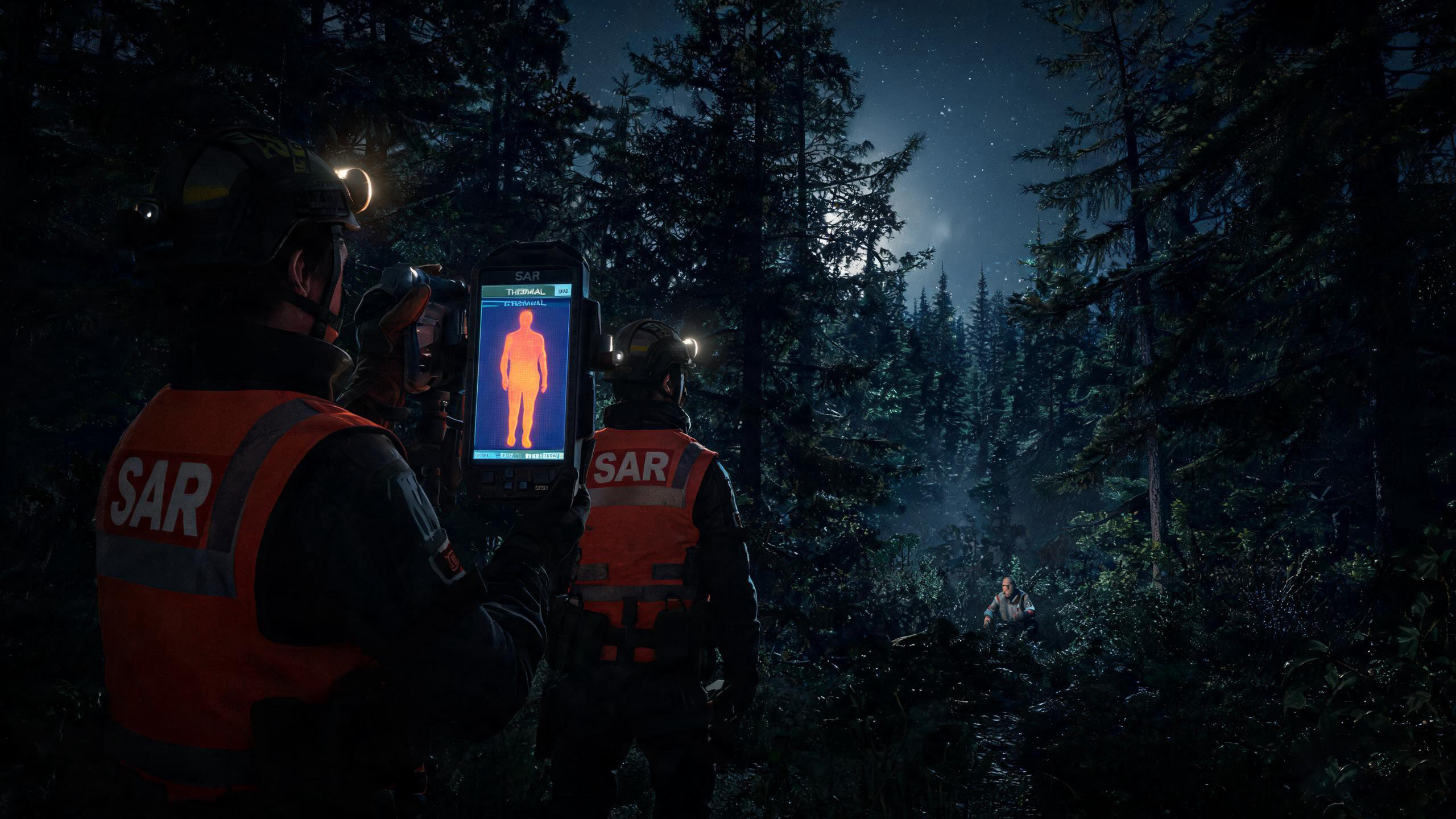 Search and rescue workers using thermal imaging camera to locate missing person in dark forest terrain