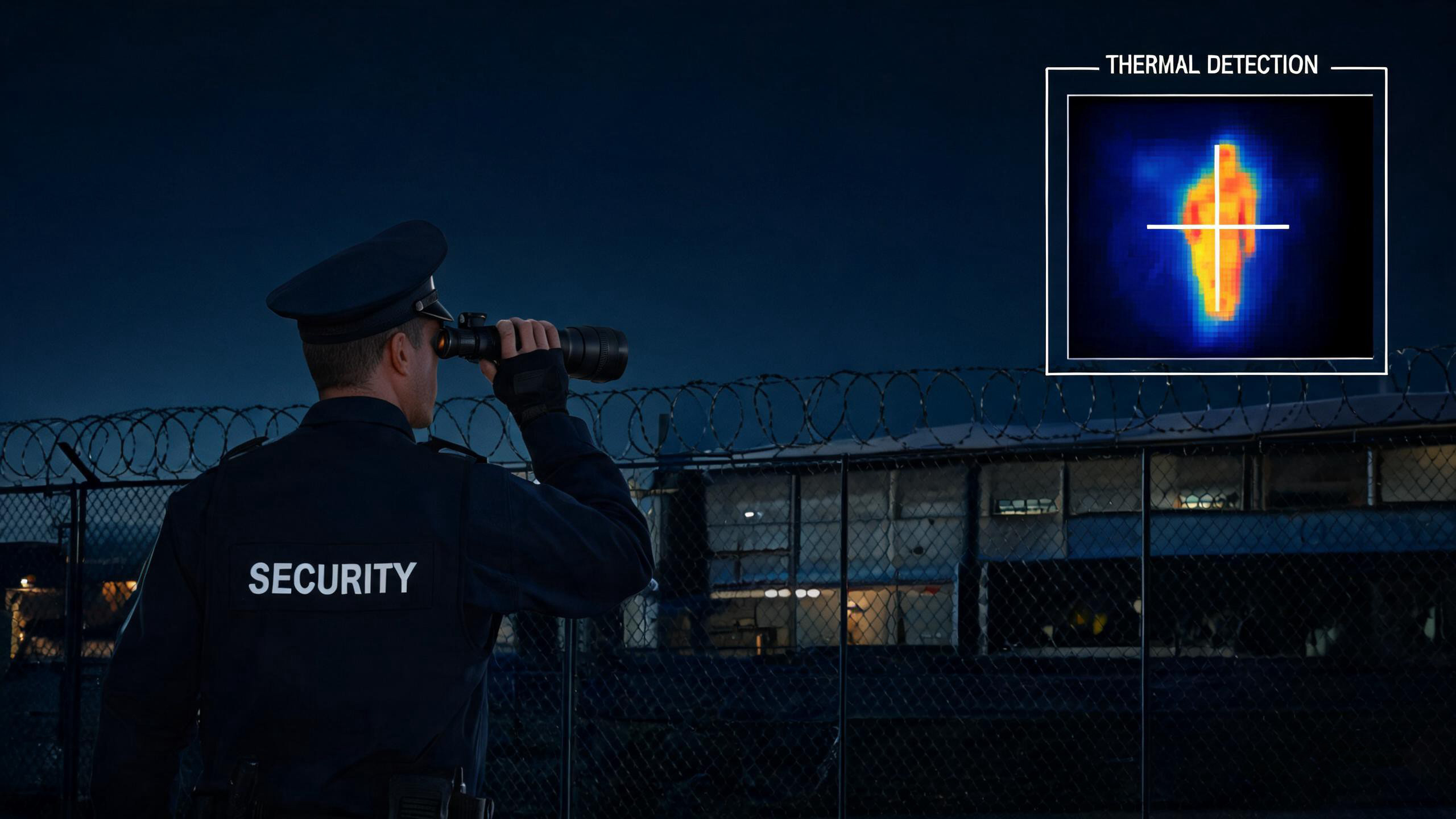 Security guard conducting night perimeter patrol using handheld thermal imaging camera