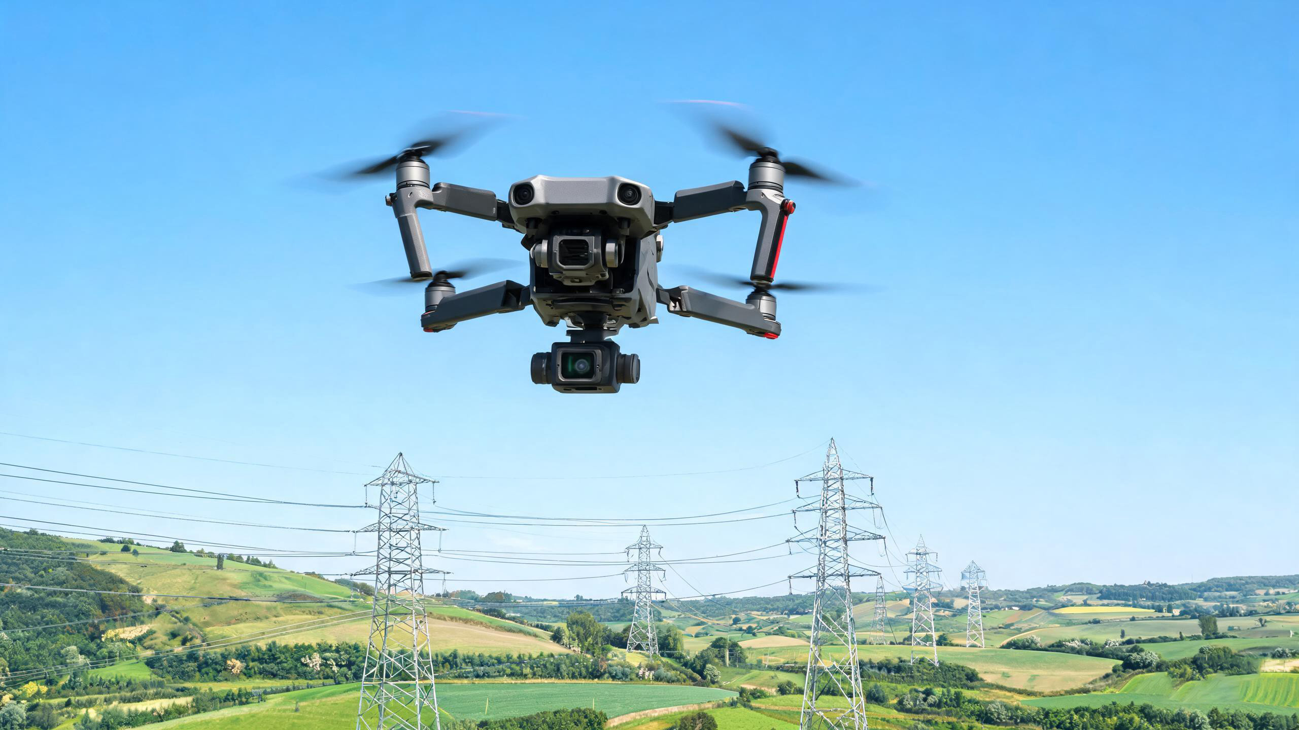 Industrial drone with thermal camera inspecting high voltage power transmission lines
