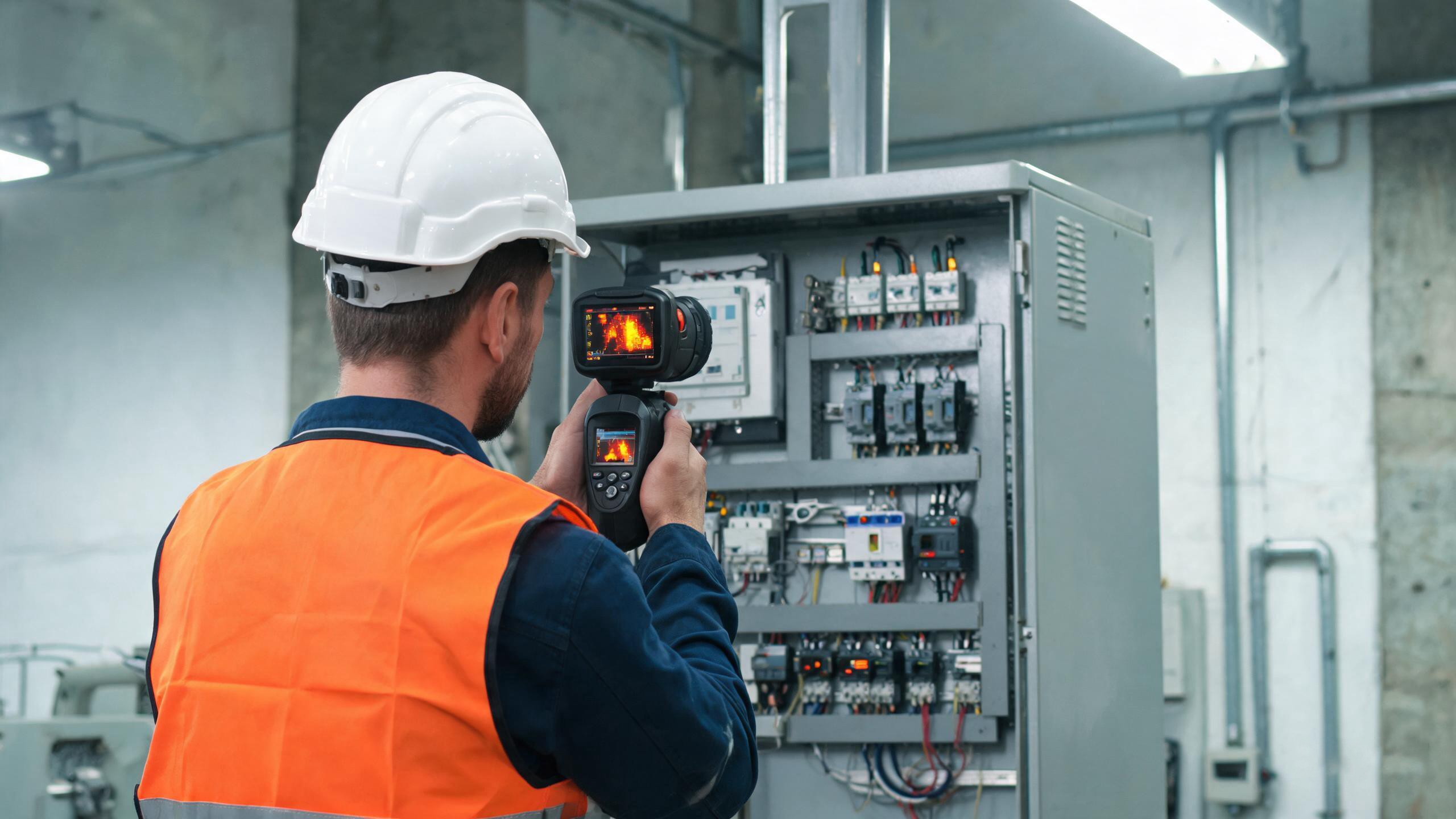 Technician using thermal camera for electrical panel inspection