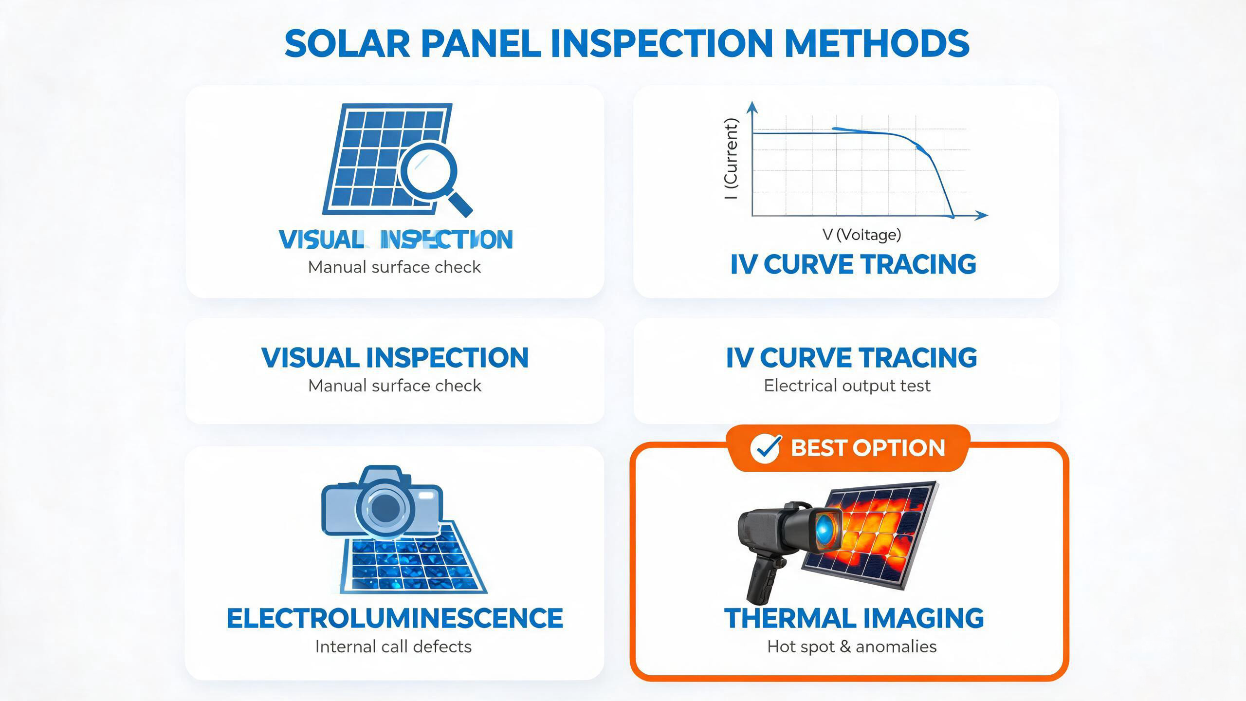 Infographic comparing thermal imaging inspection with traditional methods for solar panel fault detection