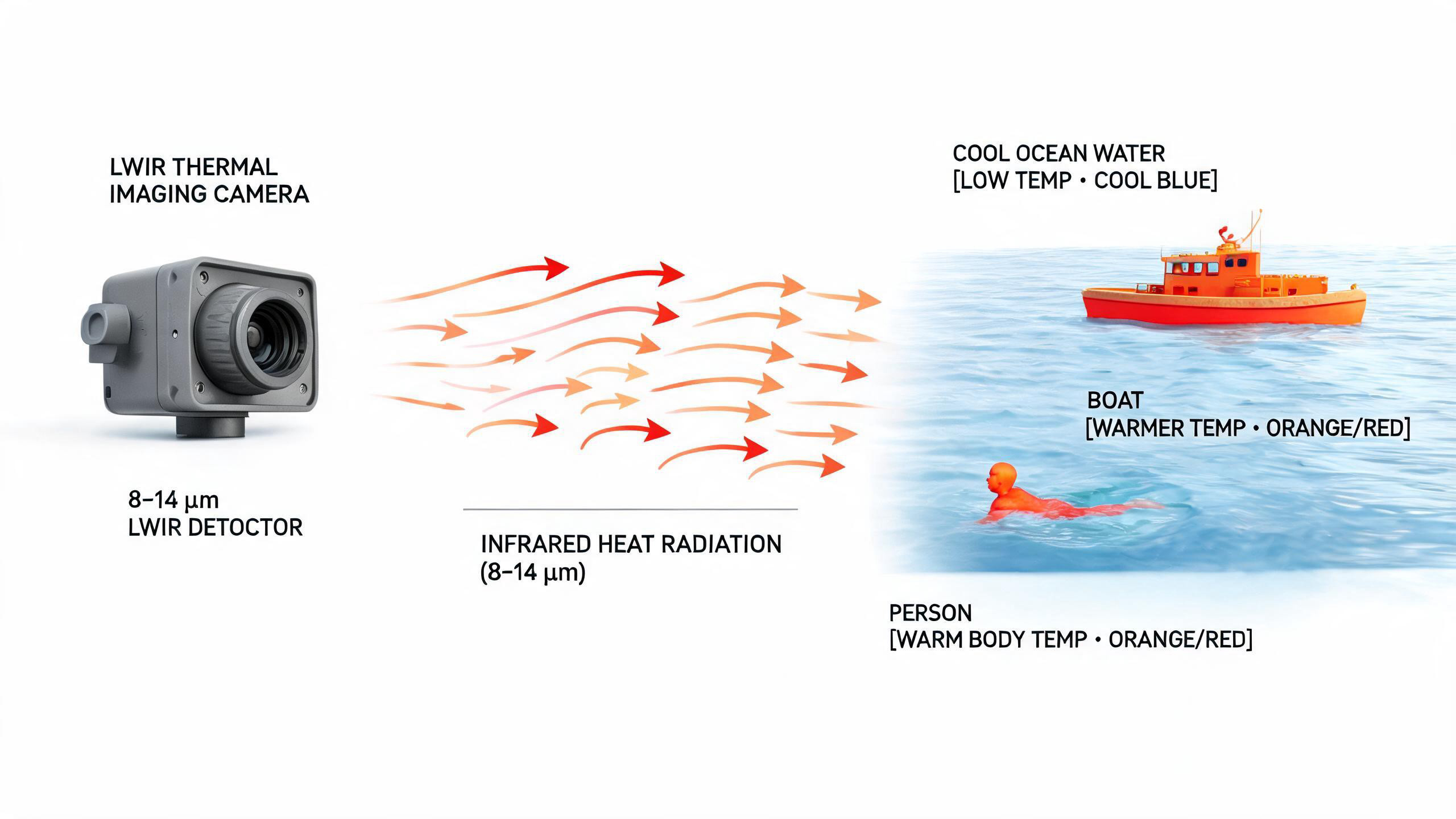 Diagram showing LWIR thermal imaging principle for detecting marine targets by temperature difference on water surface