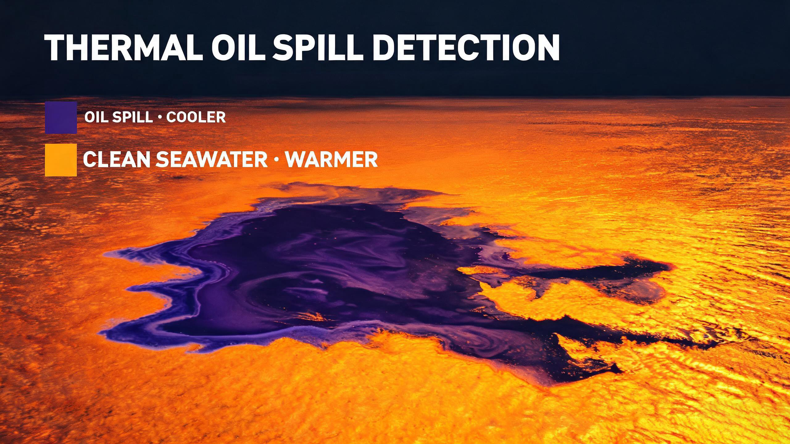 Thermal imaging detecting oil spill on ocean surface showing temperature difference between oil and seawater