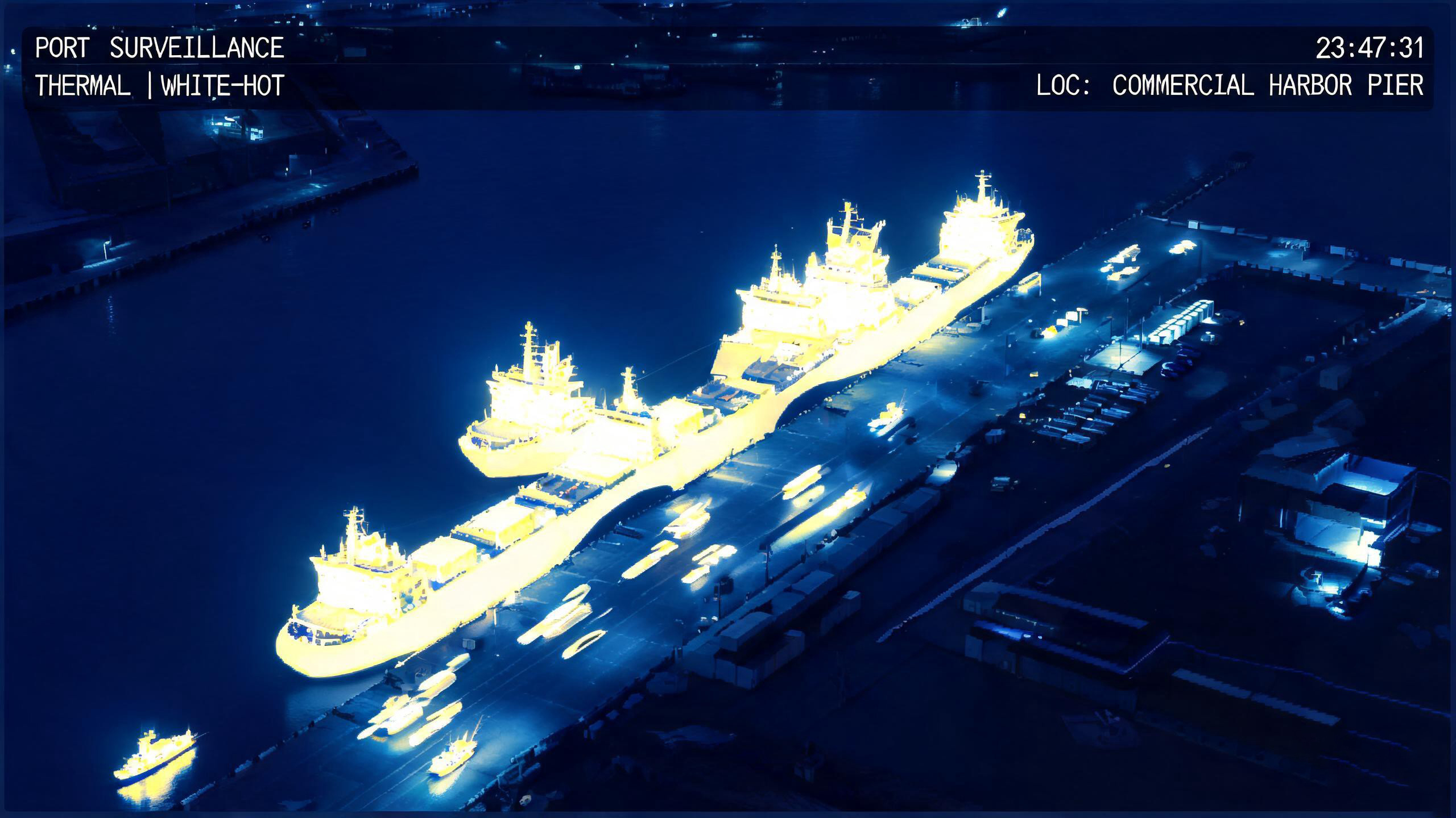 Thermal imaging port security surveillance at night showing vessels vehicles and personnel as heat signatures