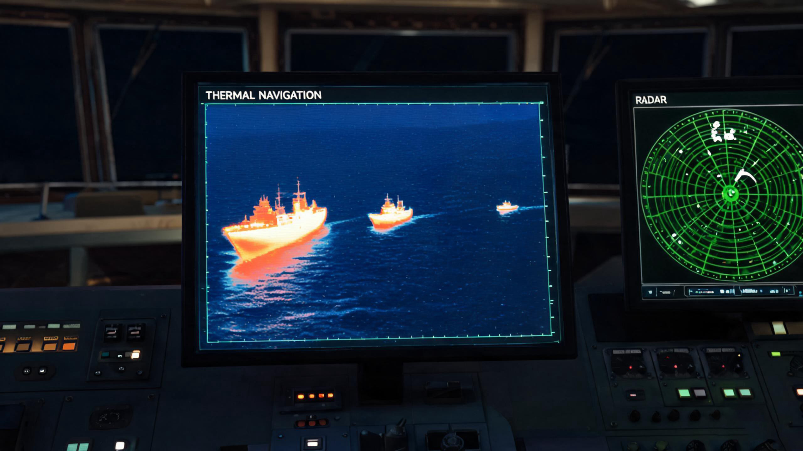 Thermal imaging display on ship bridge showing multiple vessels detected on dark ocean at night