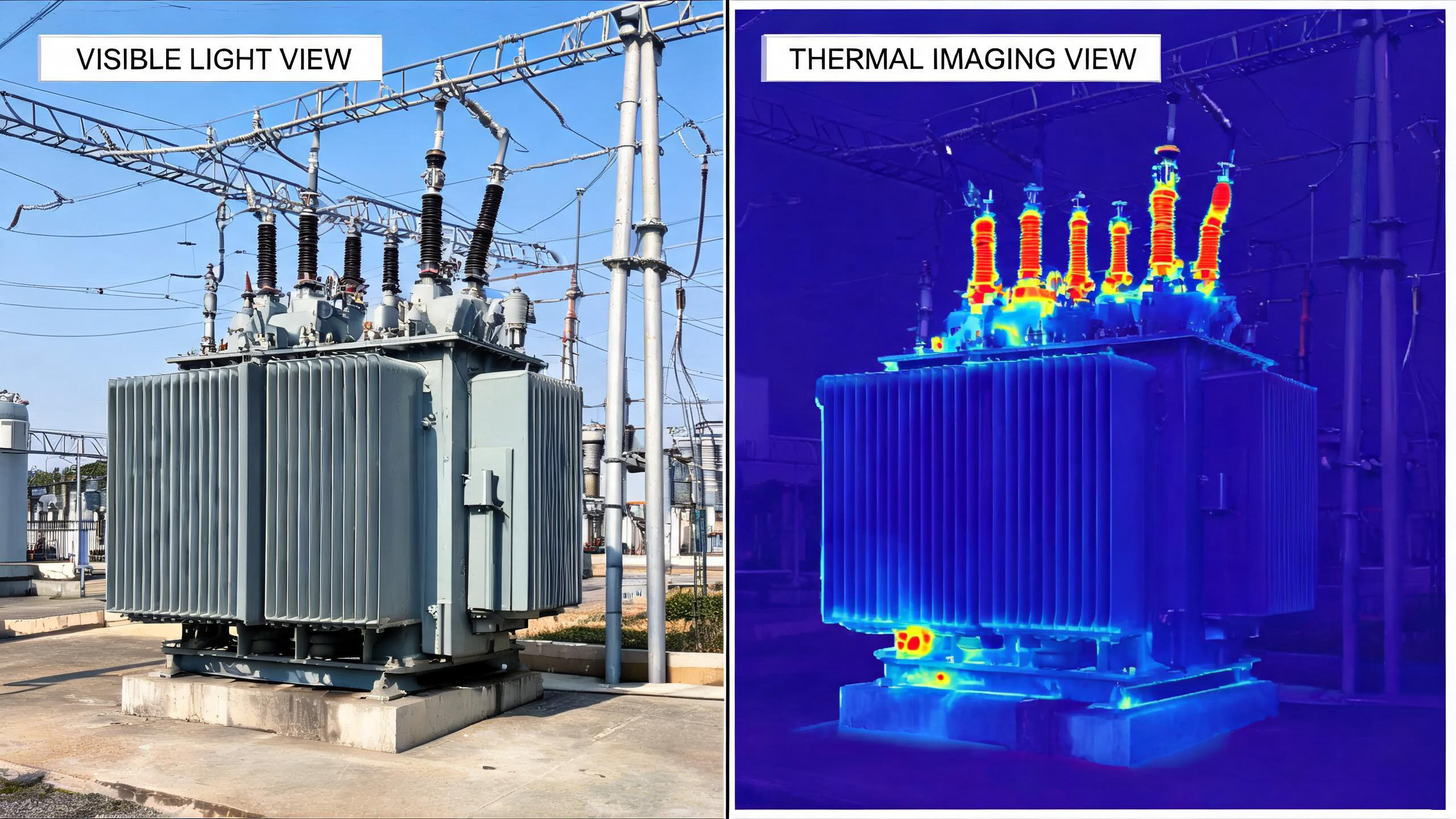 Side by side visible light and thermal imaging view of power transformer showing overheating connections