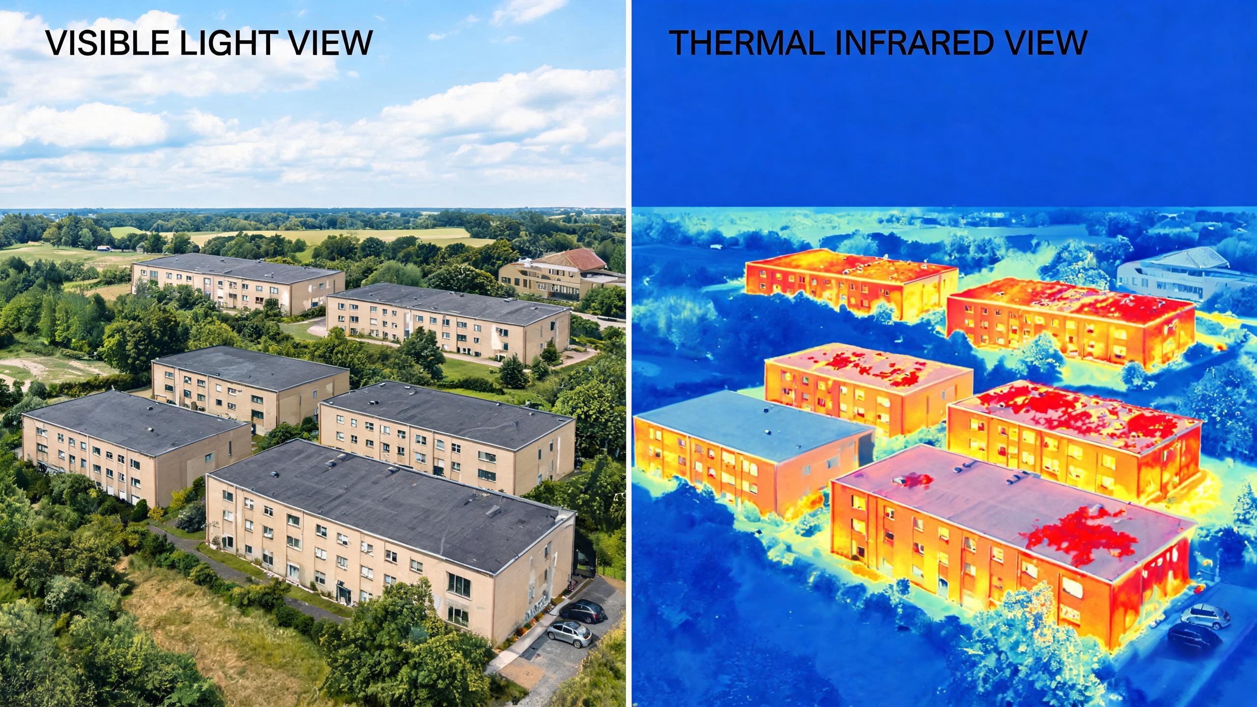 Visible light versus thermal infrared satellite view showing building heat signatures and interior activity detection