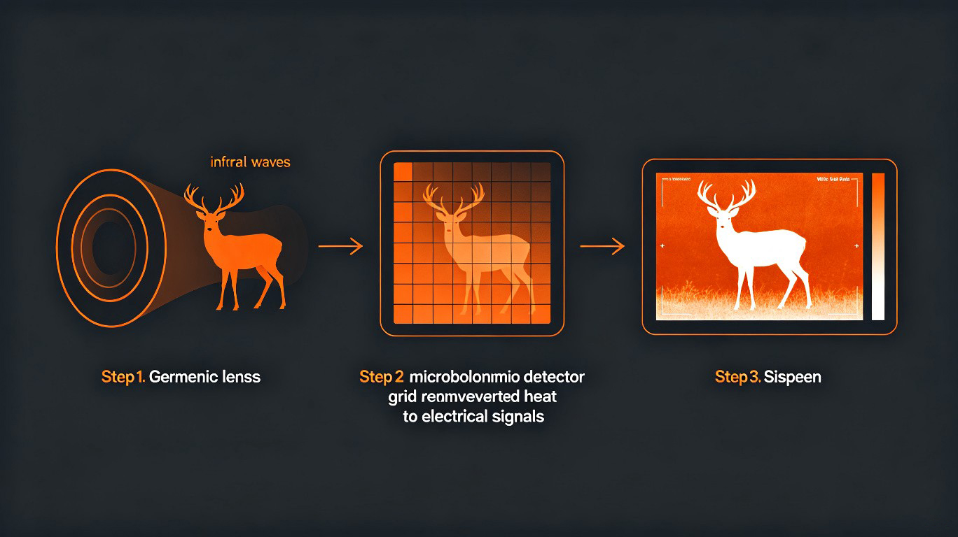 Three-step process infographic: infrared radiation captured by lens, converted by detector, displayed as thermal image