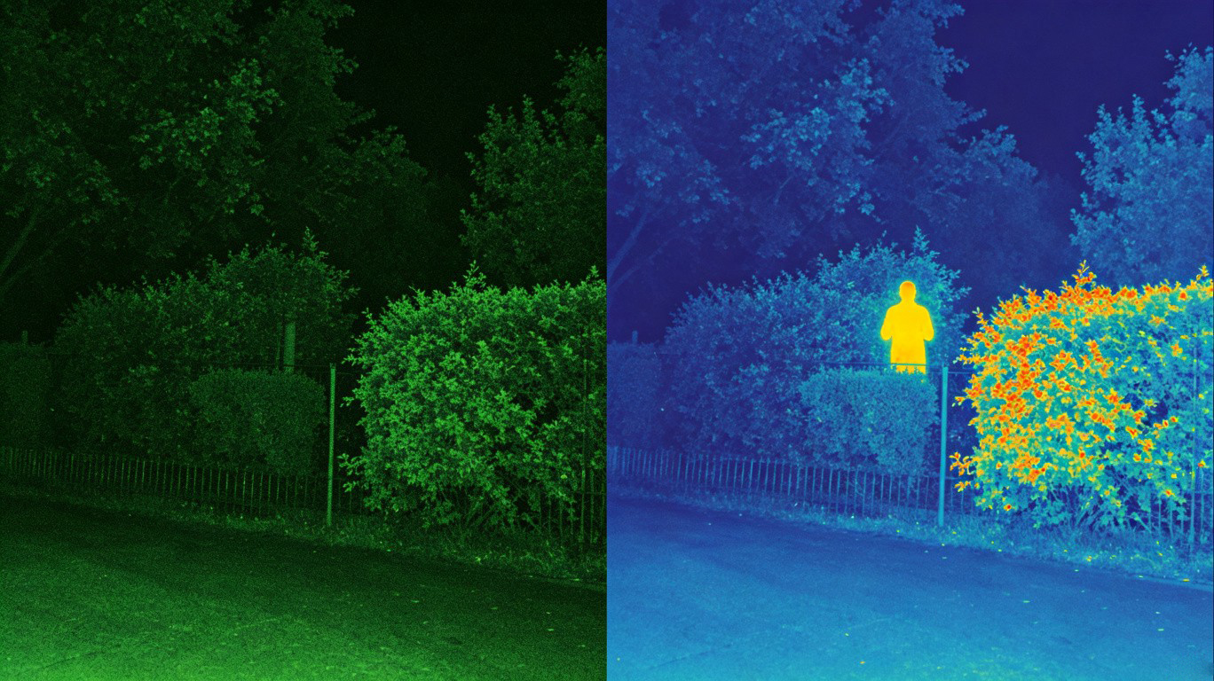 Side-by-side comparison: thermal imaging view vs night vision view of the same dark scene