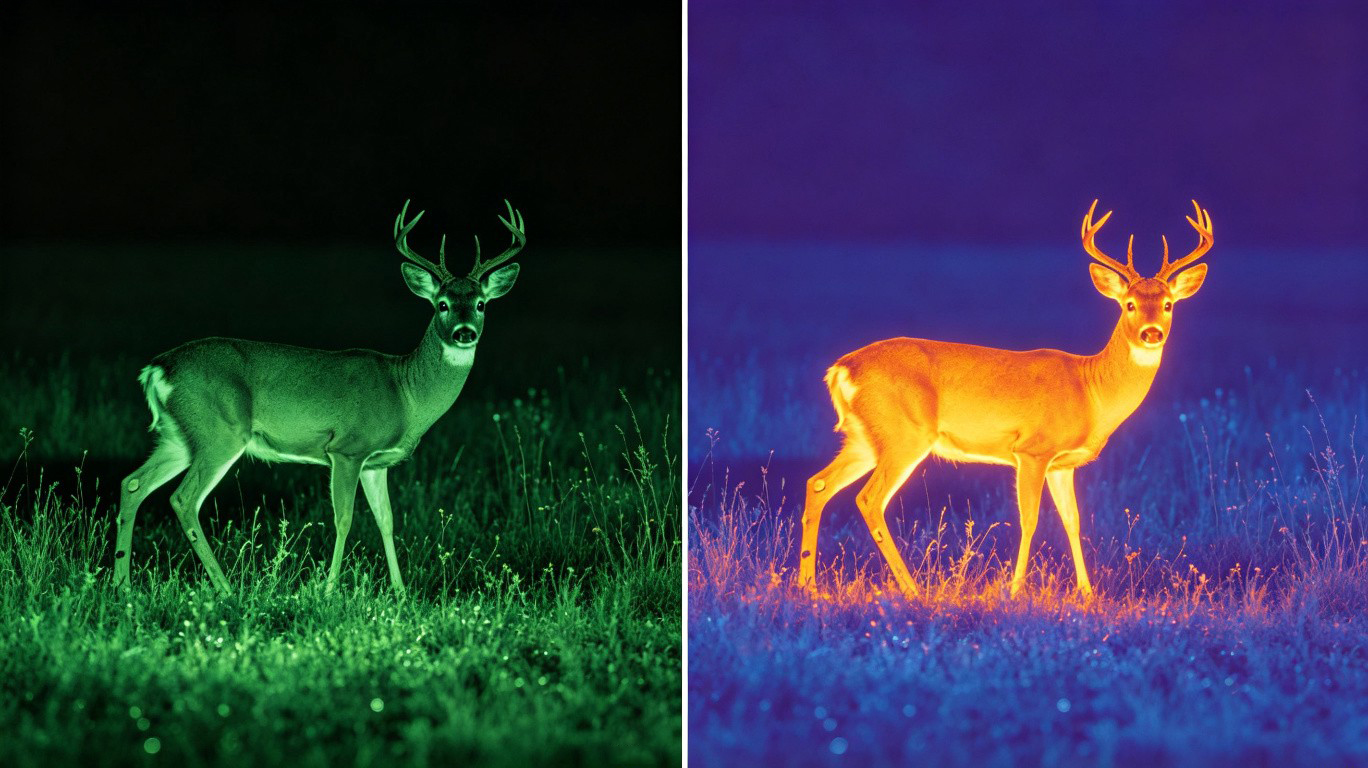 Side by side comparison of thermal imaging and night vision in darkness
