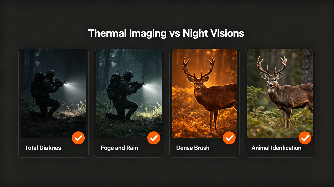 Thermal vs night vision comparison across four scenarios: darkness, fog, brush, and identification