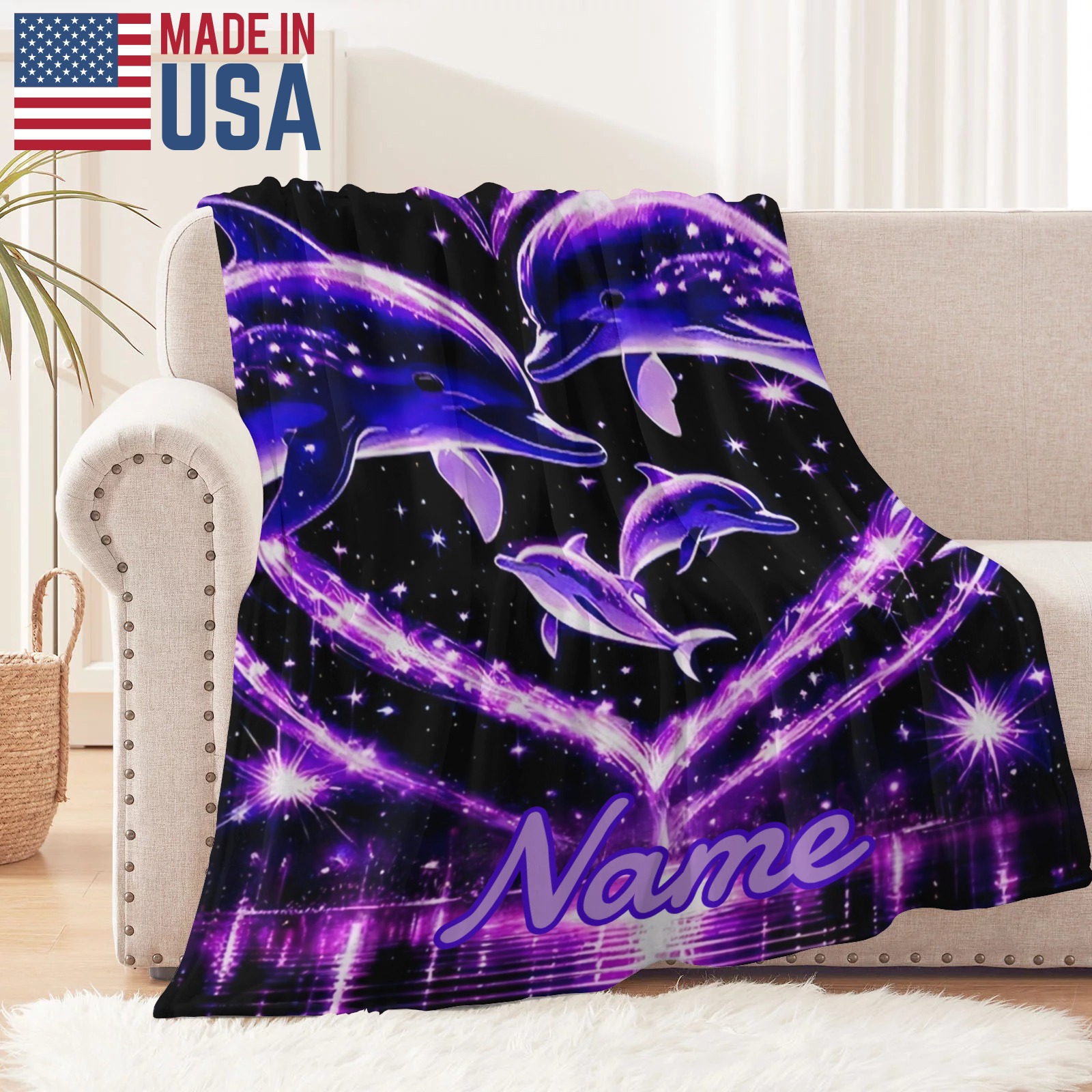 Decke mit lila Herz- und Delfinmuster personalisierbar mit Namen